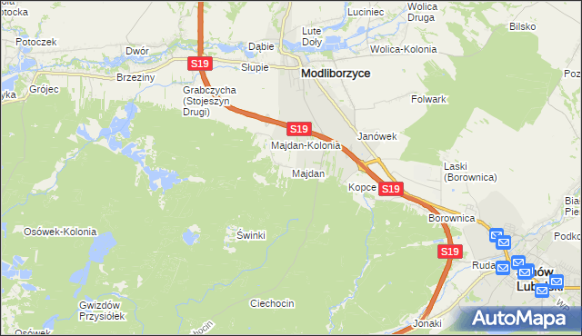 mapa Majdan gmina Modliborzyce, Majdan gmina Modliborzyce na mapie Targeo