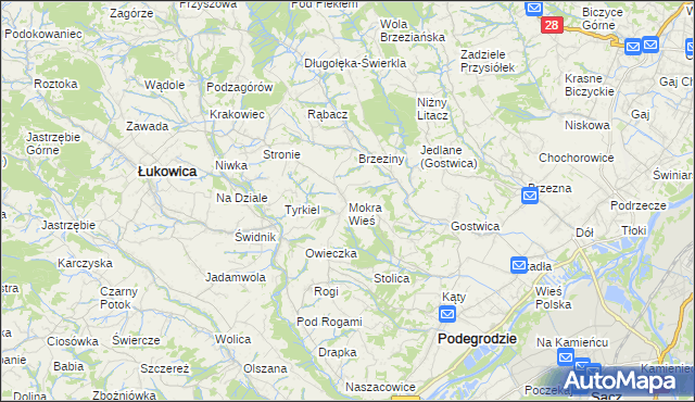 mapa Mokra Wieś gmina Podegrodzie, Mokra Wieś gmina Podegrodzie na mapie Targeo