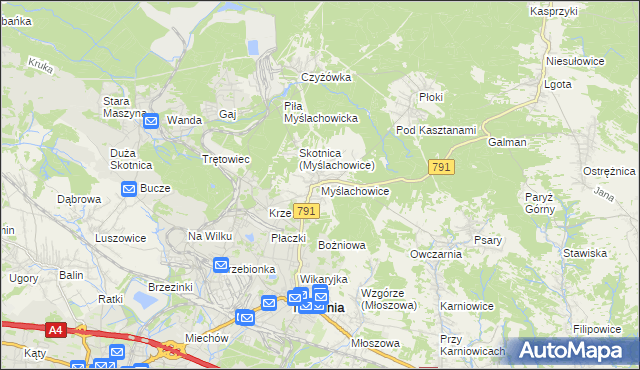 mapa Myślachowice, Myślachowice na mapie Targeo