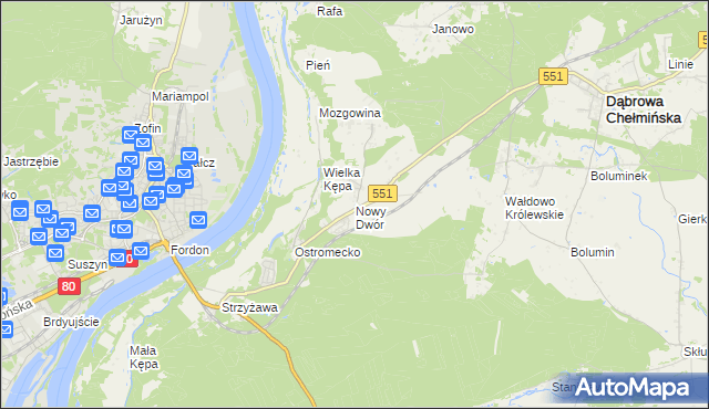 mapa Nowy Dwór gmina Dąbrowa Chełmińska, Nowy Dwór gmina Dąbrowa Chełmińska na mapie Targeo