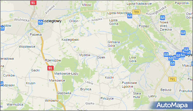 mapa Osiek gmina Koziegłowy, Osiek gmina Koziegłowy na mapie Targeo