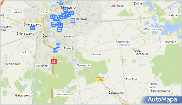 mapa Osiniec gmina Gniezno, Osiniec gmina Gniezno na mapie Targeo