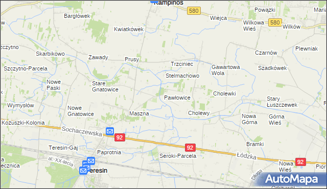 mapa Pawłowice gmina Teresin, Pawłowice gmina Teresin na mapie Targeo