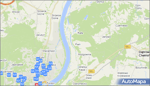 mapa Pień gmina Dąbrowa Chełmińska, Pień gmina Dąbrowa Chełmińska na mapie Targeo