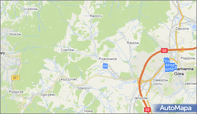 mapa Pisarzowice gmina Kamienna Góra, Pisarzowice gmina Kamienna Góra na mapie Targeo