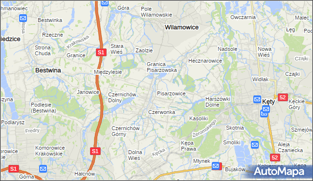 mapa Pisarzowice gmina Wilamowice, Pisarzowice gmina Wilamowice na mapie Targeo