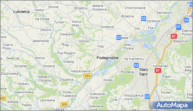 mapa Podegrodzie powiat nowosądecki, Podegrodzie powiat nowosądecki na mapie Targeo