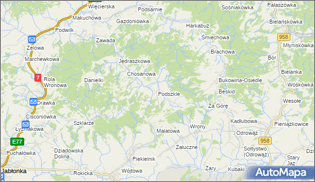 mapa Podszkle gmina Czarny Dunajec, Podszkle gmina Czarny Dunajec na mapie Targeo