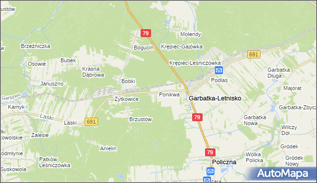 mapa Ponikwa gmina Garbatka-Letnisko, Ponikwa gmina Garbatka-Letnisko na mapie Targeo