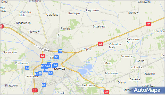 mapa Popów gmina Łowicz, Popów gmina Łowicz na mapie Targeo