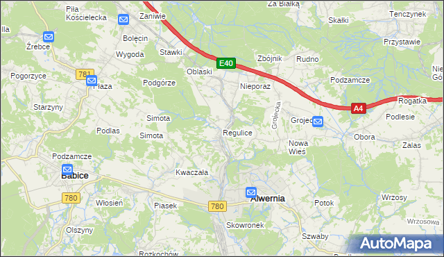 mapa Regulice gmina Alwernia, Regulice gmina Alwernia na mapie Targeo