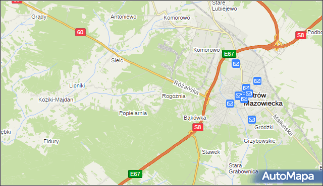 mapa Rogóźnia gmina Ostrów Mazowiecka, Rogóźnia gmina Ostrów Mazowiecka na mapie Targeo