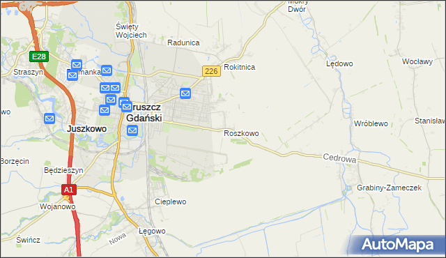 mapa Roszkowo gmina Pruszcz Gdański, Roszkowo gmina Pruszcz Gdański na mapie Targeo