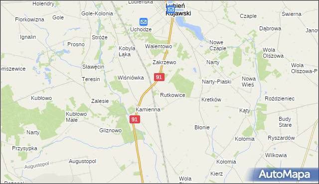 mapa Rutkowice gmina Lubień Kujawski, Rutkowice gmina Lubień Kujawski na mapie Targeo