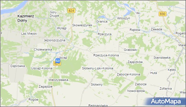 mapa Rzeczyca-Kolonia gmina Kazimierz Dolny, Rzeczyca-Kolonia gmina Kazimierz Dolny na mapie Targeo