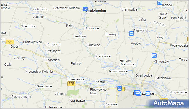 mapa Rzędowice gmina Koniusza, Rzędowice gmina Koniusza na mapie Targeo