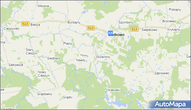 mapa Skowrony gmina Godkowo, Skowrony gmina Godkowo na mapie Targeo
