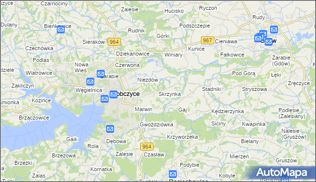 mapa Skrzynka gmina Dobczyce, Skrzynka gmina Dobczyce na mapie Targeo