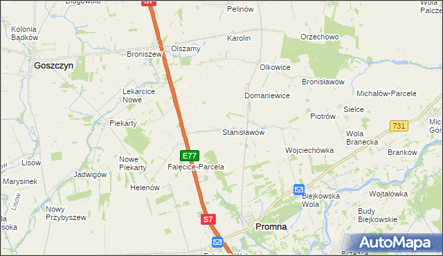 mapa Stanisławów gmina Promna, Stanisławów gmina Promna na mapie Targeo