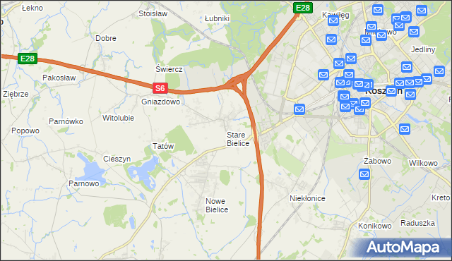 mapa Stare Bielice gmina Biesiekierz, Stare Bielice gmina Biesiekierz na mapie Targeo