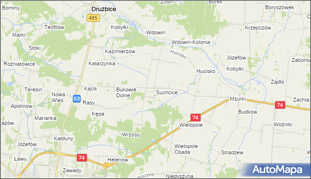 mapa Suchcice gmina Drużbice, Suchcice gmina Drużbice na mapie Targeo
