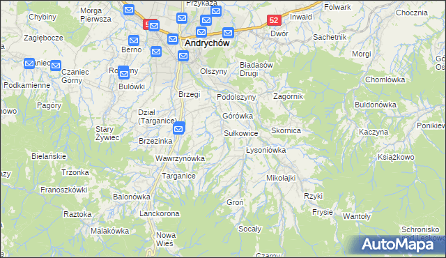 mapa Sułkowice gmina Andrychów, Sułkowice gmina Andrychów na mapie Targeo