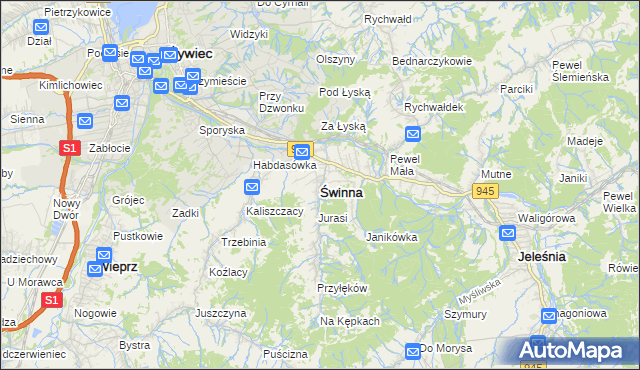 mapa Świnna powiat żywiecki, Świnna powiat żywiecki na mapie Targeo