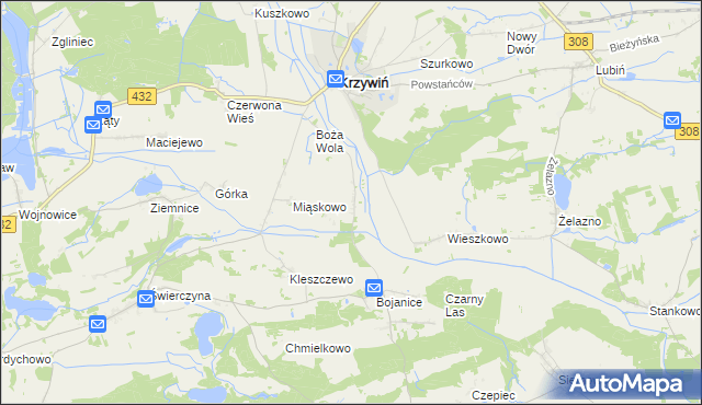 mapa Teklimyśl gmina Krzywiń, Teklimyśl gmina Krzywiń na mapie Targeo