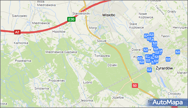 mapa Tomaszew gmina Wiskitki, Tomaszew gmina Wiskitki na mapie Targeo