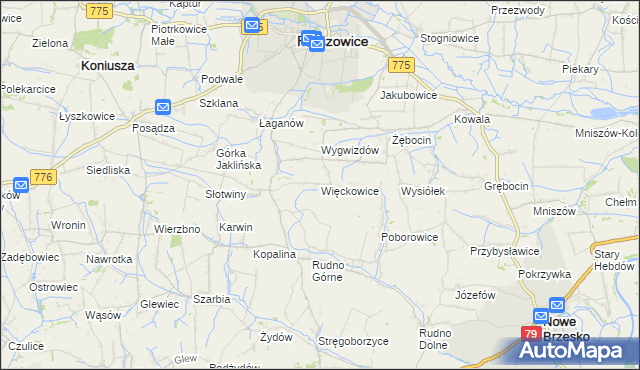 mapa Więckowice gmina Proszowice, Więckowice gmina Proszowice na mapie Targeo