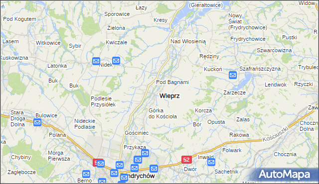 mapa Wieprz powiat wadowicki, Wieprz powiat wadowicki na mapie Targeo
