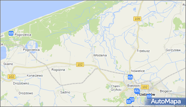 mapa Włodarka gmina Trzebiatów, Włodarka gmina Trzebiatów na mapie Targeo