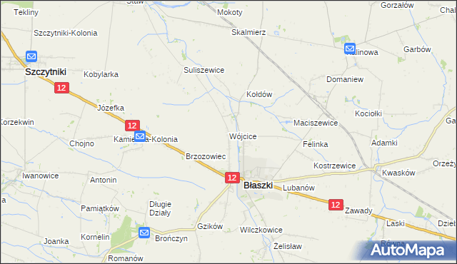 mapa Wójcice gmina Błaszki, Wójcice gmina Błaszki na mapie Targeo