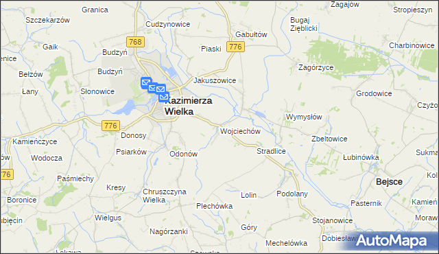 mapa Wojciechów gmina Kazimierza Wielka, Wojciechów gmina Kazimierza Wielka na mapie Targeo