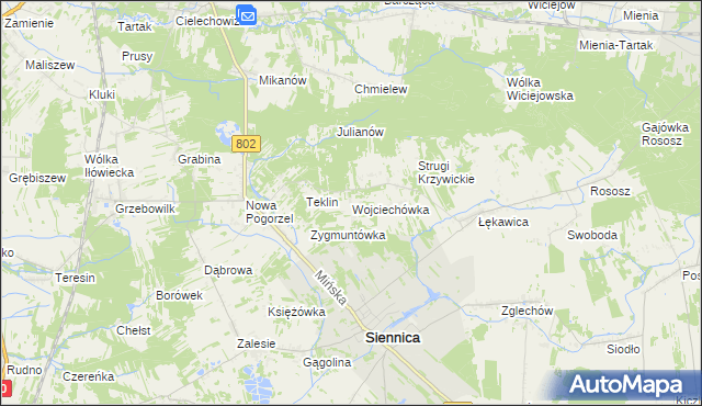mapa Wojciechówka gmina Siennica, Wojciechówka gmina Siennica na mapie Targeo