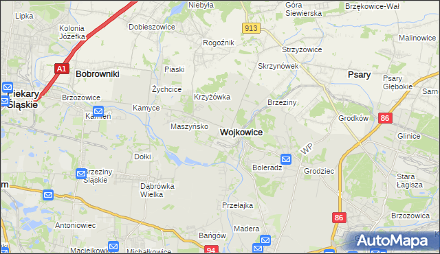 mapa Wojkowice powiat będziński, Wojkowice powiat będziński na mapie Targeo