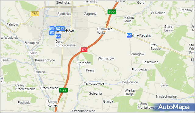 mapa Wymysłów gmina Miechów, Wymysłów gmina Miechów na mapie Targeo