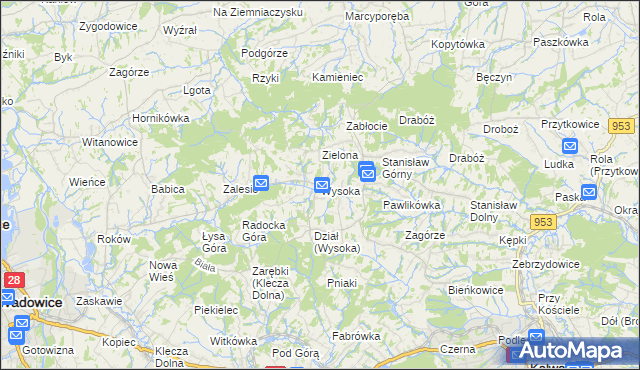 mapa Wysoka gmina Wadowice, Wysoka gmina Wadowice na mapie Targeo