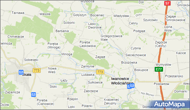 mapa Zagaje gmina Iwanowice, Zagaje gmina Iwanowice na mapie Targeo