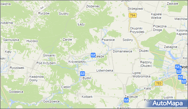 mapa Załęże gmina Wolbrom, Załęże gmina Wolbrom na mapie Targeo