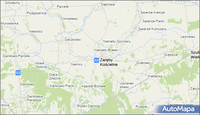 mapa Zaręby Kościelne, Zaręby Kościelne na mapie Targeo