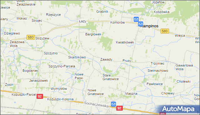 mapa Zawady gmina Kampinos, Zawady gmina Kampinos na mapie Targeo