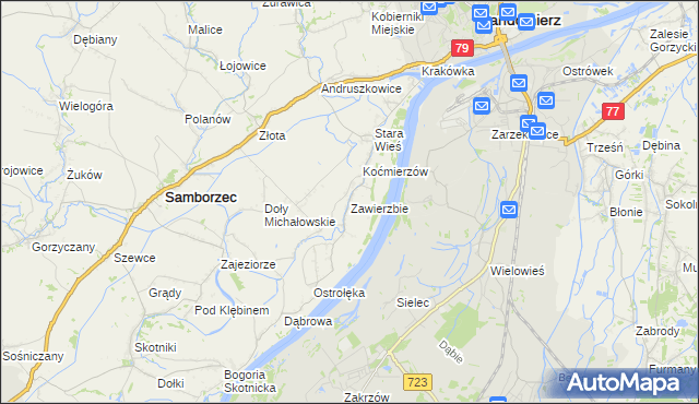 mapa Zawierzbie gmina Samborzec, Zawierzbie gmina Samborzec na mapie Targeo