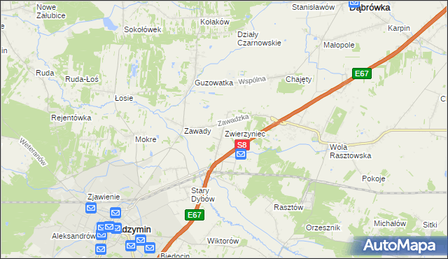 mapa Zwierzyniec gmina Radzymin, Zwierzyniec gmina Radzymin na mapie Targeo