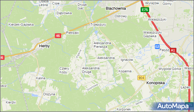 mapa Aleksandria gmina Konopiska, Aleksandria gmina Konopiska na mapie Targeo