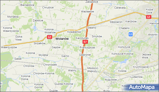 mapa Franciszków gmina Wolanów, Franciszków gmina Wolanów na mapie Targeo
