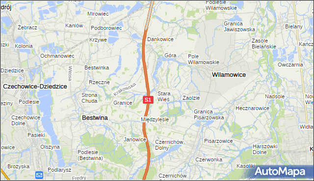 mapa Stara Wieś gmina Wilamowice, Stara Wieś gmina Wilamowice na mapie Targeo