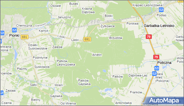 mapa Anielin gmina Garbatka-Letnisko, Anielin gmina Garbatka-Letnisko na mapie Targeo