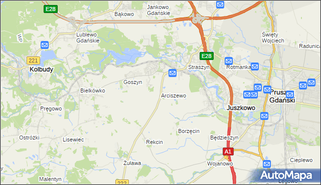 mapa Arciszewo gmina Pruszcz Gdański, Arciszewo gmina Pruszcz Gdański na mapie Targeo
