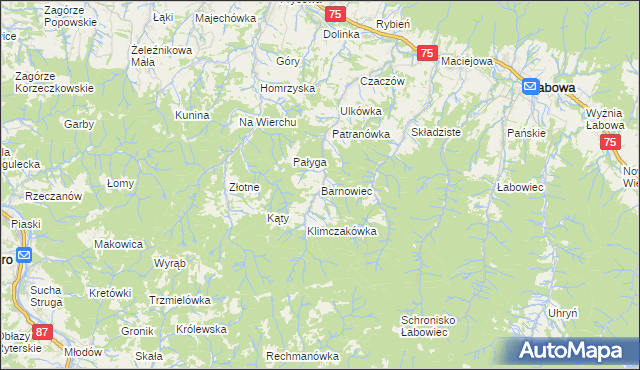 mapa Barnowiec gmina Łabowa, Barnowiec gmina Łabowa na mapie Targeo